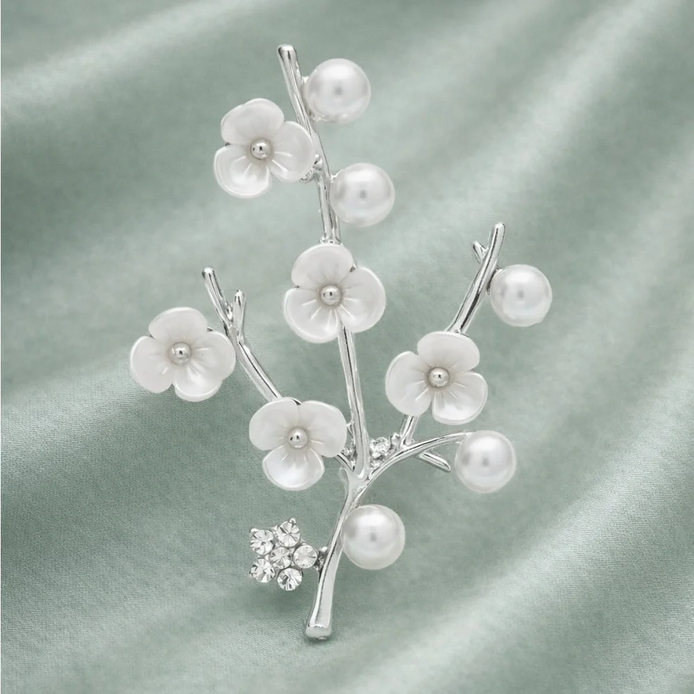 Cherry Silver Blossom Pearl Branch Brooch